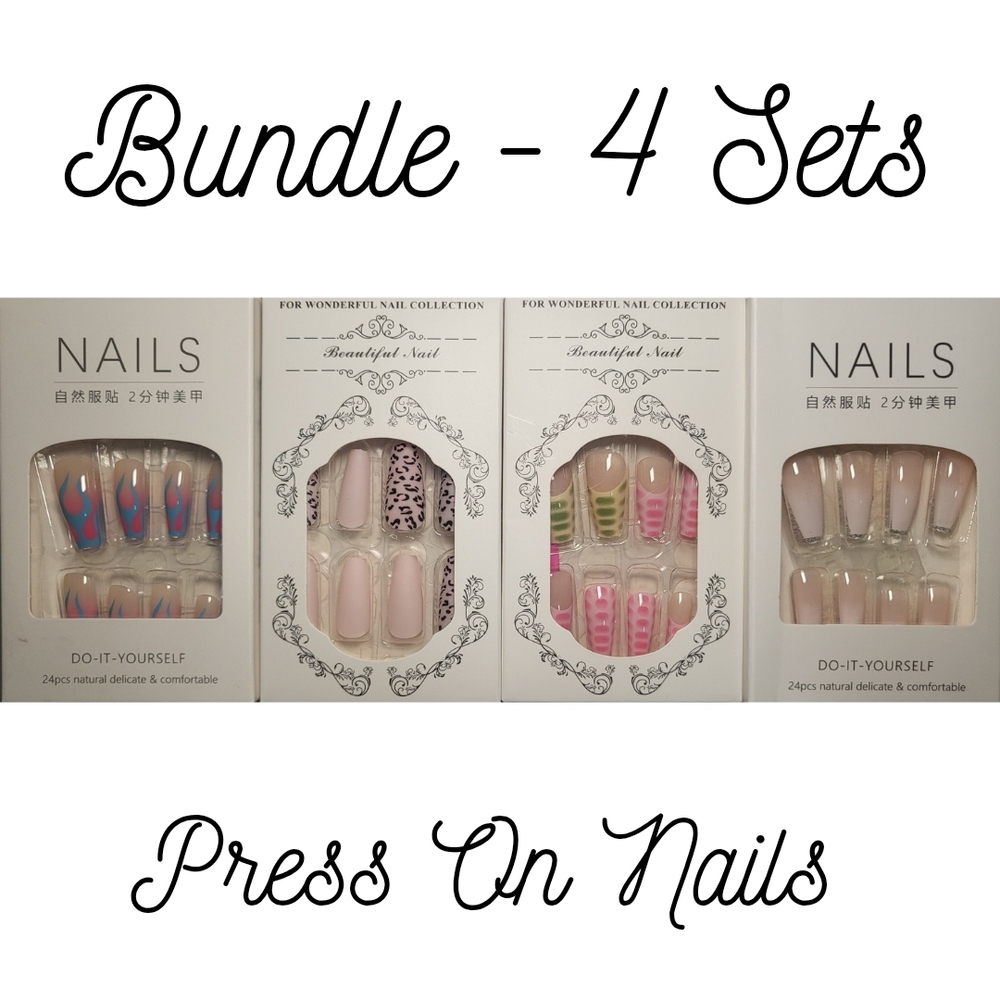 Bundle of (4) Medium-Length, Coffin-Shaped Press-On Nail Sets
